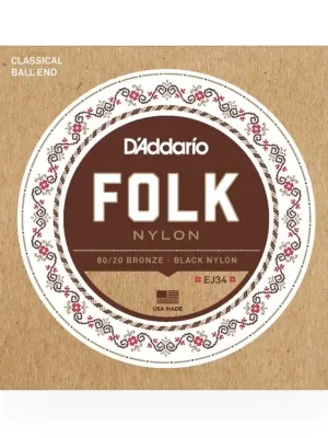 D'Addario EJ34 Folk Nylon Guitar Strings, Ball End, 80/20 Bronze/Black Nylon Trebles Odeslání Ihned