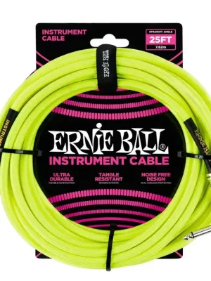 Horká Nabídka 6057 Ernie Ball 25' Instrument Braided Cable - nástrojový kabel rovný / zahnutý jack - 7.62m - neonově žlutá barva