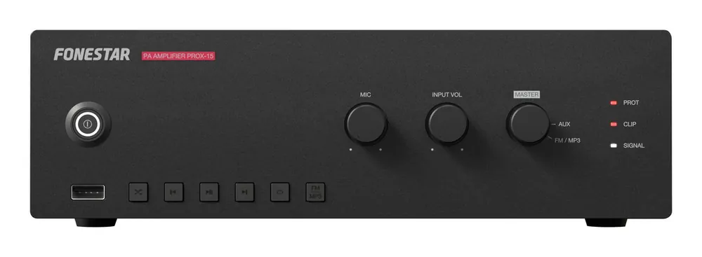 Vysoce Kvalitní Fonestar PROX-15 - 100 V ústředna pro veřejné ozvučení s přehrávačem USB, MP3, FM, 15 W