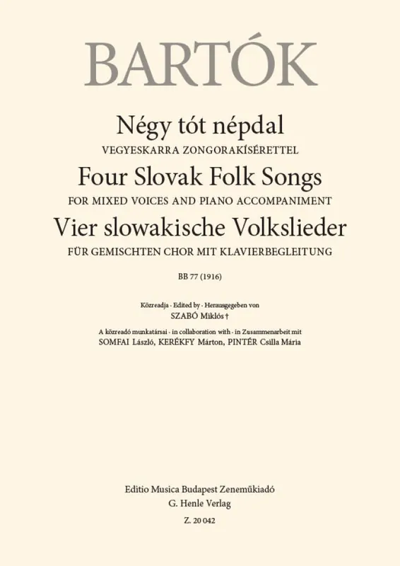 Bartók: Four Slovak Folk Songs / SATB a klavír - čtyři slovenské písně Kup Teď